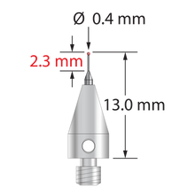 M3 XXT stylus with 0.4 mm diameter ruby ball, tapered carbide stem, and 5.0 mm diameter x 9.0 mm long titanium base. Minor stem diameter is 0.3 mm; major diameter is 1.0 mm. Overall stylus length is 13.0 mm. Stylus weight is 0.58 gram. Compare to Zeiss 626113-0040-013.