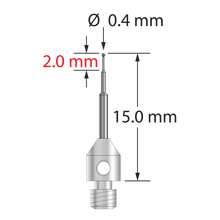 M3 stylus with 0.4 mm diameter carbide ball, stepped carbide stem, and 4.0 mm diameter x 5.0 mm long stainless steel base. Minor stem diameter is 0.25 mm, intermediate diameter is 0.5 mm, and major diameter is 1.0 mm. Overall stylus length is 15.0 mm. Stylus weight is 0.49 gram.