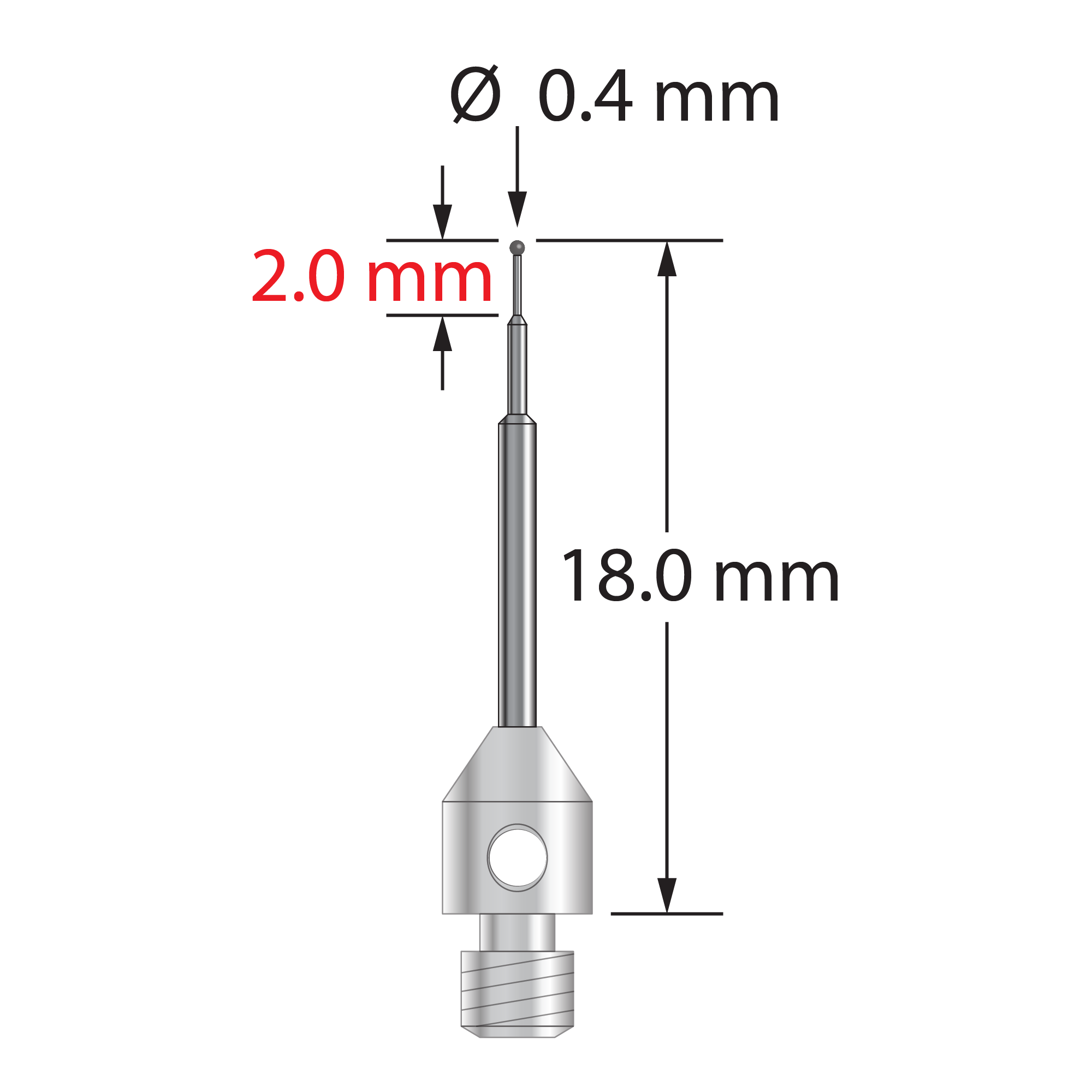 M3 stylus with 0.4 mm diameter carbide ball, stepped carbide stem, and 4.0 mm diameter x 5.0 mm long stainless steel base. Minor stem diameter is 0.25 mm, intermediate diameter is 0.50 mm, and major diameter is 0.25 mm. Overall stylus length is 18.0 mm. Stylus weight is 0.51 gram.
