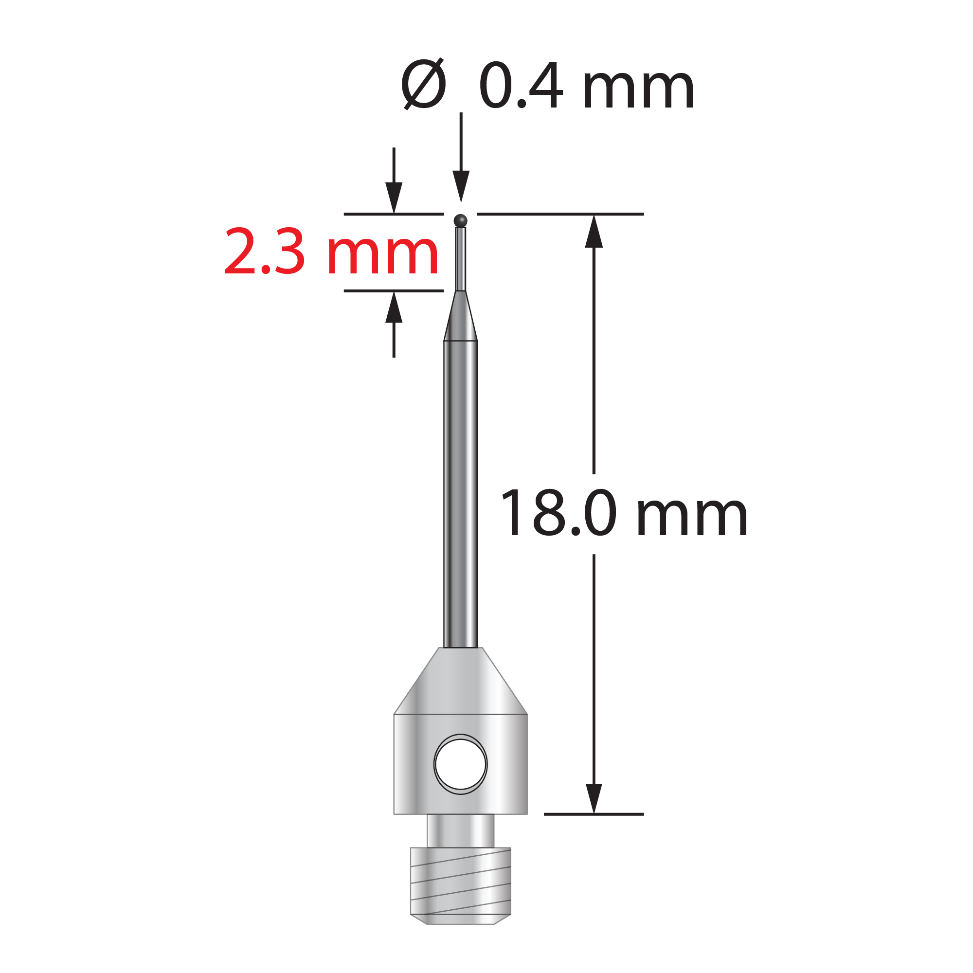 M3 stylus with 0.4 mm diameter silicon nitride ball, tapered carbide stem, and 4.0 mm diameter x 5.0 mm long stainless steel base. Minor stem diameter is 0.3 mm; major diameter is 1.0 mm. Overall stylus length is 18.0 mm. Stylus weight is 0.51 gram.