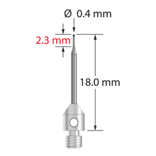 M3 stylus with 0.4 mm diameter silicon nitride ball, tapered carbide stem, and 4.0 mm diameter x 5.0 mm long stainless steel base. Minor stem diameter is 0.3 mm; major diameter is 1.0 mm. Overall stylus length is 18.0 mm. Stylus weight is 0.51 gram.
