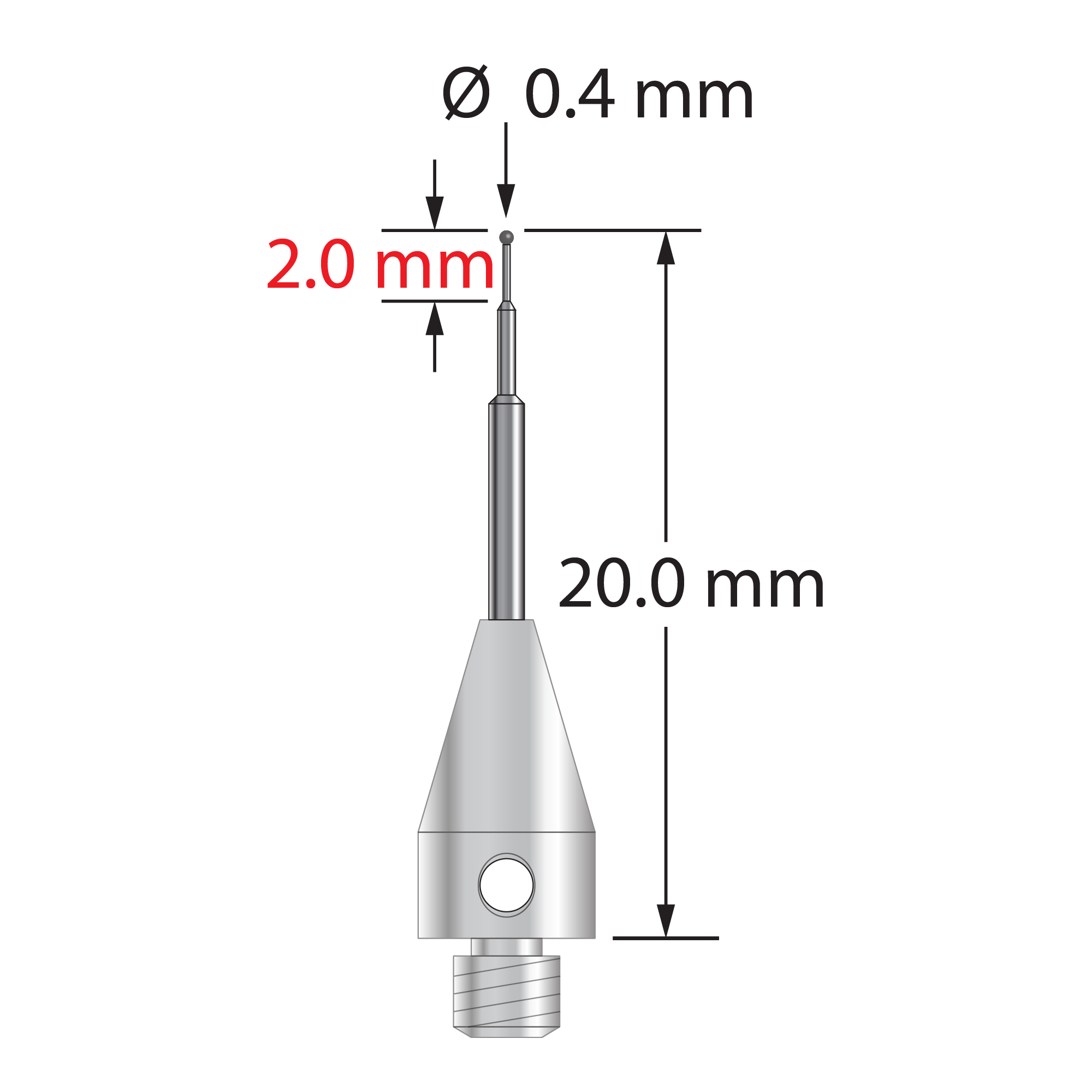M3 XXT stylus with 0.4 mm diameter carbide ball, stepped carbide stem, and 5.0 mm diameter x 9.0 mm long titanium base. Minor stem diameter is 0.25 mm, intermediate diameter is 0.5 mm, and major diameter is 1.0 mm. Overall stylus length is 20.0 mm. Stylus weight is 0.65 gram.