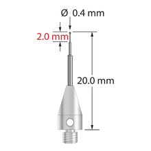 M3 XXT stylus with 0.4 mm diameter carbide ball, stepped carbide stem, and 5.0 mm diameter x 9.0 mm long titanium base. Minor stem diameter is 0.25 mm, intermediate diameter is 0.5 mm, and major diameter is 1.0 mm. Overall stylus length is 20.0 mm. Stylus weight is 0.65 gram.