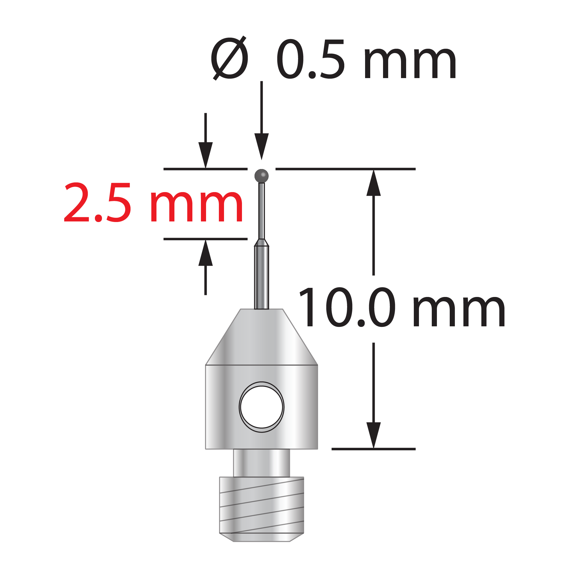 M3 stylus with 0.5 mm diameter carbide ball, stepped carbide stem, and 4.0 mm diameter x 5.0 mm long stainless steel base. Minor stem diameter is 0.3 mm; major diameter is 0.6 mm. Overall stylus length is 10.0 mm. Stylus weight is 0.59 gram.