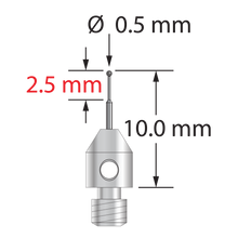 M3 stylus with 0.5 mm diameter carbide ball, stepped carbide stem, and 4.0 mm diameter x 5.0 mm long stainless steel base. Minor stem diameter is 0.3 mm; major diameter is 0.6 mm. Overall stylus length is 10.0 mm. Stylus weight is 0.59 gram.