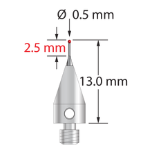 M3 XXT stylus with 0.5 mm diameter ruby ball, tapered carbide stem, and 5.0 mm diameter x 9.0 mm long titanium base. Minor stem diameter is 0.3 mm; major diameter is 1.0 mm. Overall stylus length is 13.0 mm. Stylus weight is 0.53 gram. Compare to Zeiss 626113-0050-013 and Renishaw A-5004-1702.
