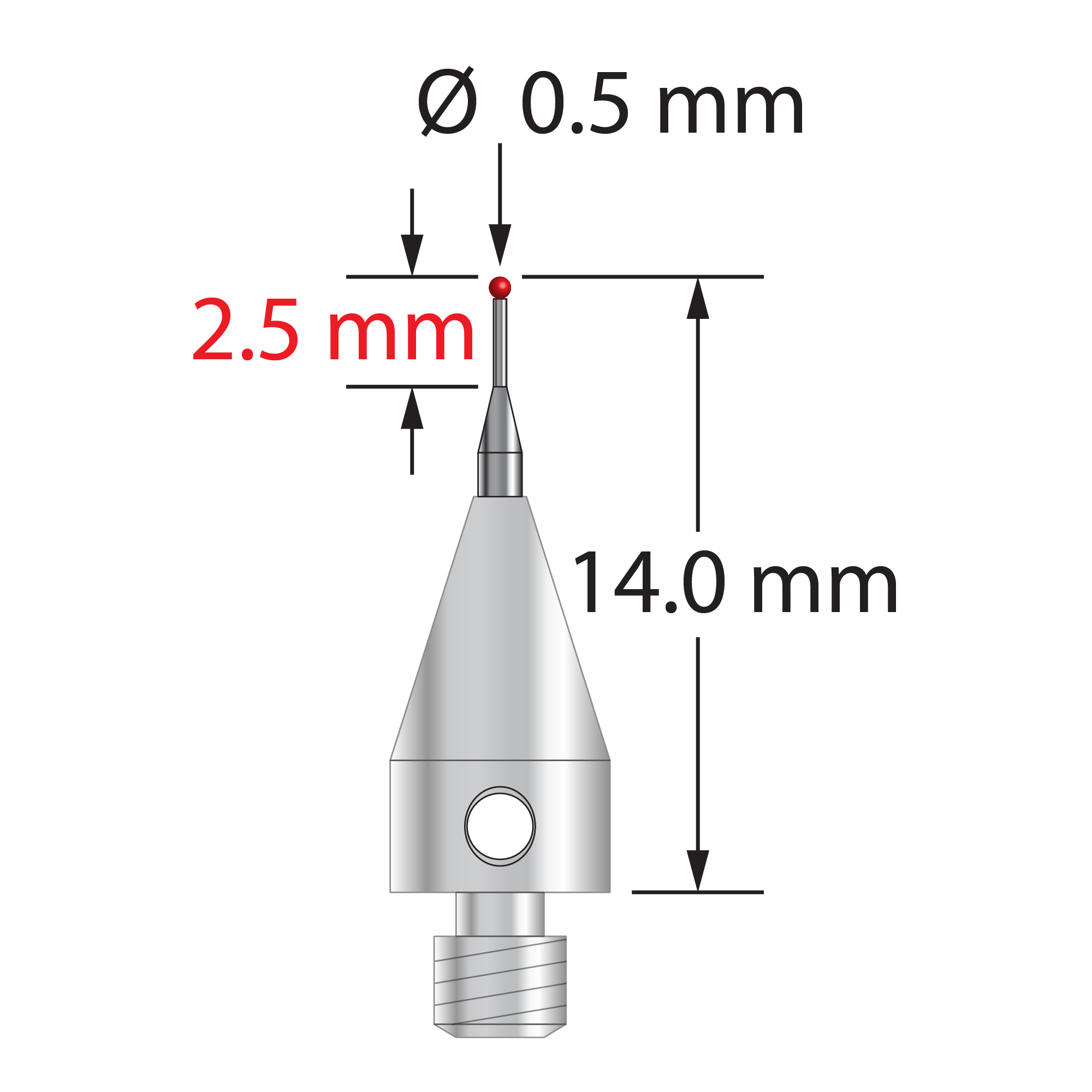 M3 XXT stylus with 0.5 mm diameter ruby ball, tapered carbide stem, and 5.0 mm diameter x 9.0 mm long titanium base. Minor stem diameter is 0.3 mm; major diameter is 1.0 mm. Overall stylus length is 14.0 mm. Stylus weight is 0.52 gram. Compare to Zeiss 626103-5444-014.