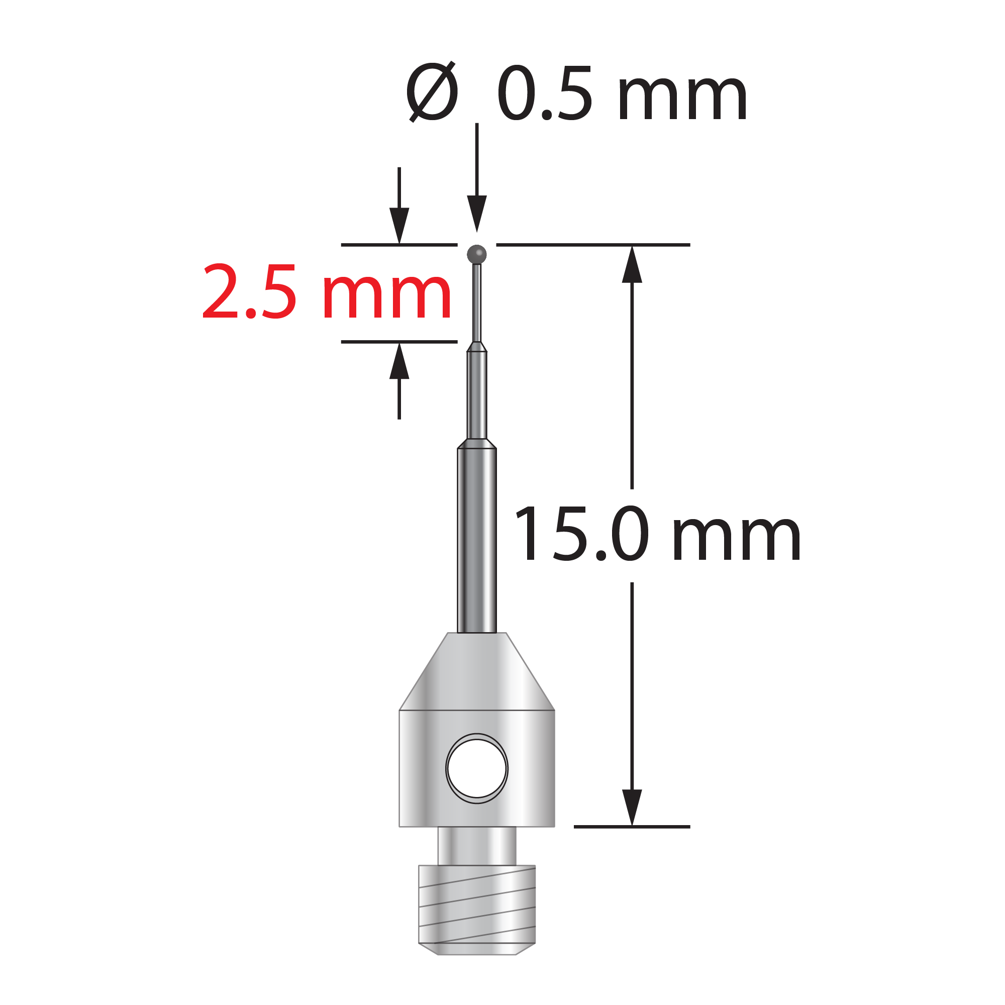M3 stylus with 0.5 mm diameter carbide ball, stepped carbide stem, and 4.0 mm diameter x 5.0 mm long stainless steel base. Minor stem diameter is 0.3 mm, intermediate diameter is 0.6 mm, major diameter is 1.0 mm. Overall stylus length is 15.0 mm. Stylus weight is 0.62 gram.