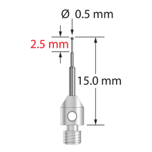 M3 stylus with 0.5 mm diameter carbide ball, stepped carbide stem, and 4.0 mm diameter x 5.0 mm long stainless steel base. Minor stem diameter is 0.3 mm, intermediate diameter is 0.6 mm, major diameter is 1.0 mm. Overall stylus length is 15.0 mm. Stylus weight is 0.62 gram.