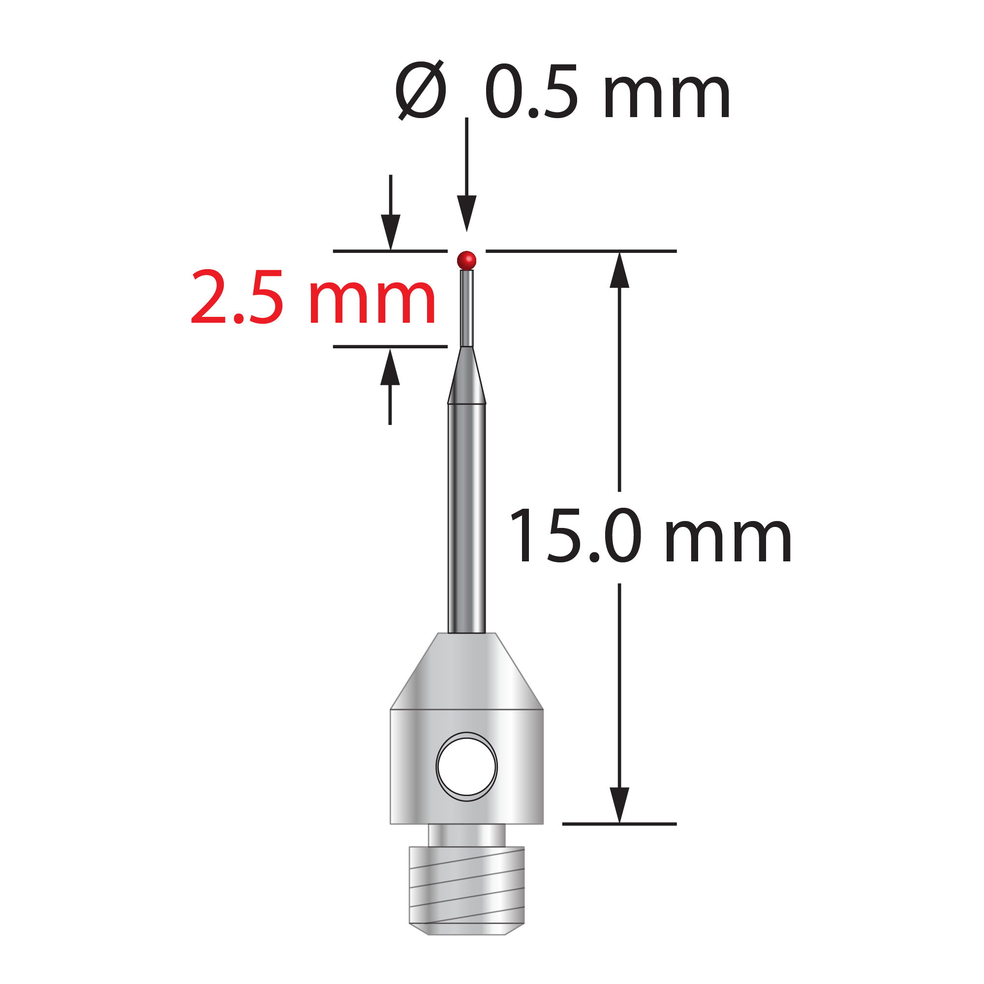 M3 stylus with 0.5 mm diameter ruby ball, tapered carbide stem, and 4.0 mm diameter x 5.0 mm long stainless steel base. Minor stem diameter is 0.3 mm; major diameter is 1.0 mm. Overall stylus length is 15.0 mm. Stylus weight is 0.53 gram.