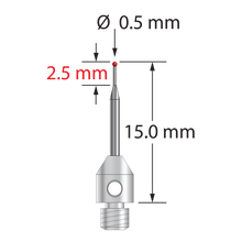 M3 stylus with 0.5 mm diameter ruby ball, tapered carbide stem, and 4.0 mm diameter x 5.0 mm long stainless steel base. Minor stem diameter is 0.3 mm; major diameter is 1.0 mm. Overall stylus length is 15.0 mm. Stylus weight is 0.53 gram.