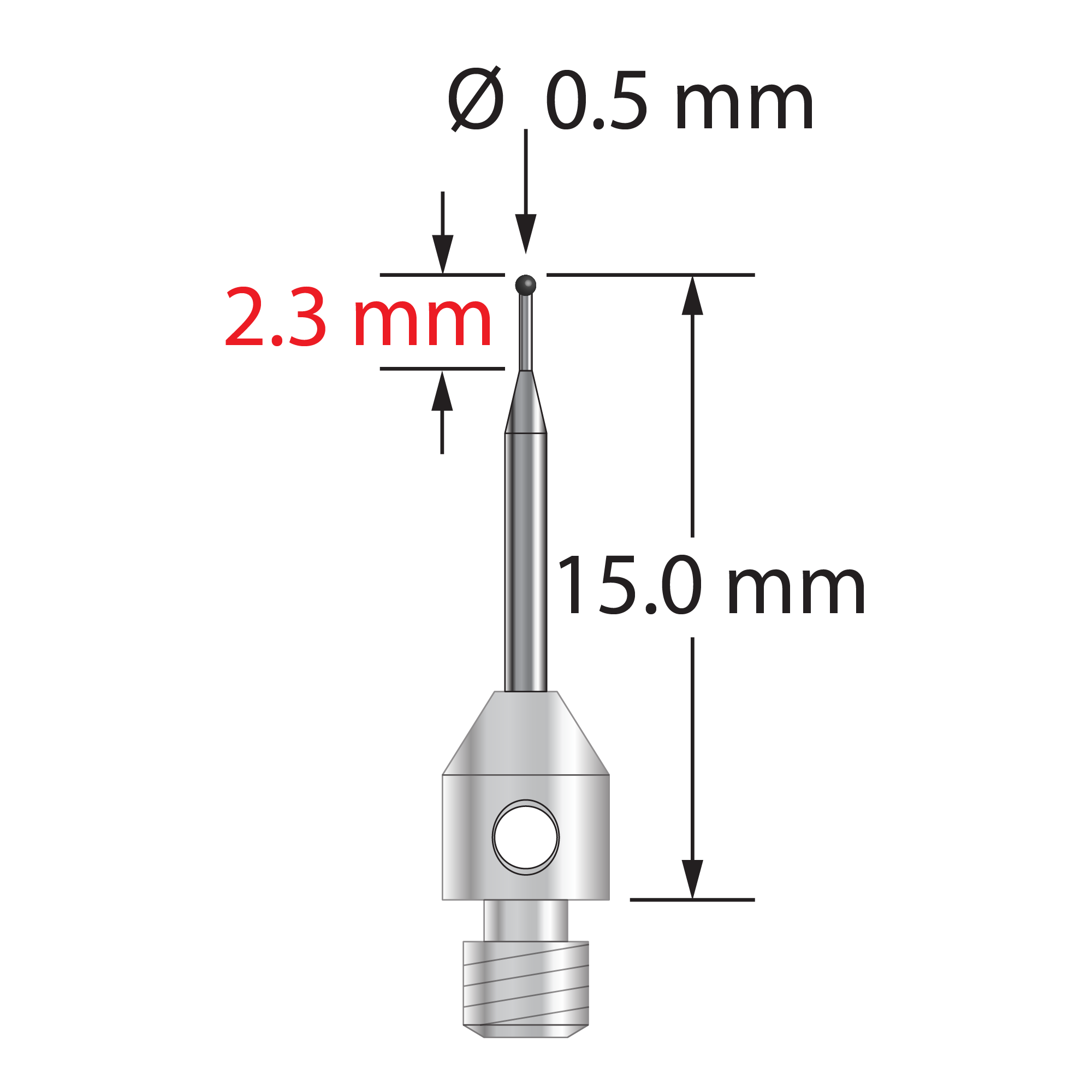 M3 stylus with 0.5 mm diameter silicon nitride ball, tapered carbide stem, and 4.0 mm diameter x 5.0 mm long stainless steel base. Minor stem diameter is 0.3 mm; major diameter is 1.0 mm. Overall stylus length is 15.0 mm. Stylus weight is 0.53 gram.