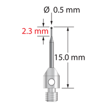 M3 stylus with 0.5 mm diameter silicon nitride ball, tapered carbide stem, and 4.0 mm diameter x 5.0 mm long stainless steel base. Minor stem diameter is 0.3 mm; major diameter is 1.0 mm. Overall stylus length is 15.0 mm. Stylus weight is 0.53 gram.
