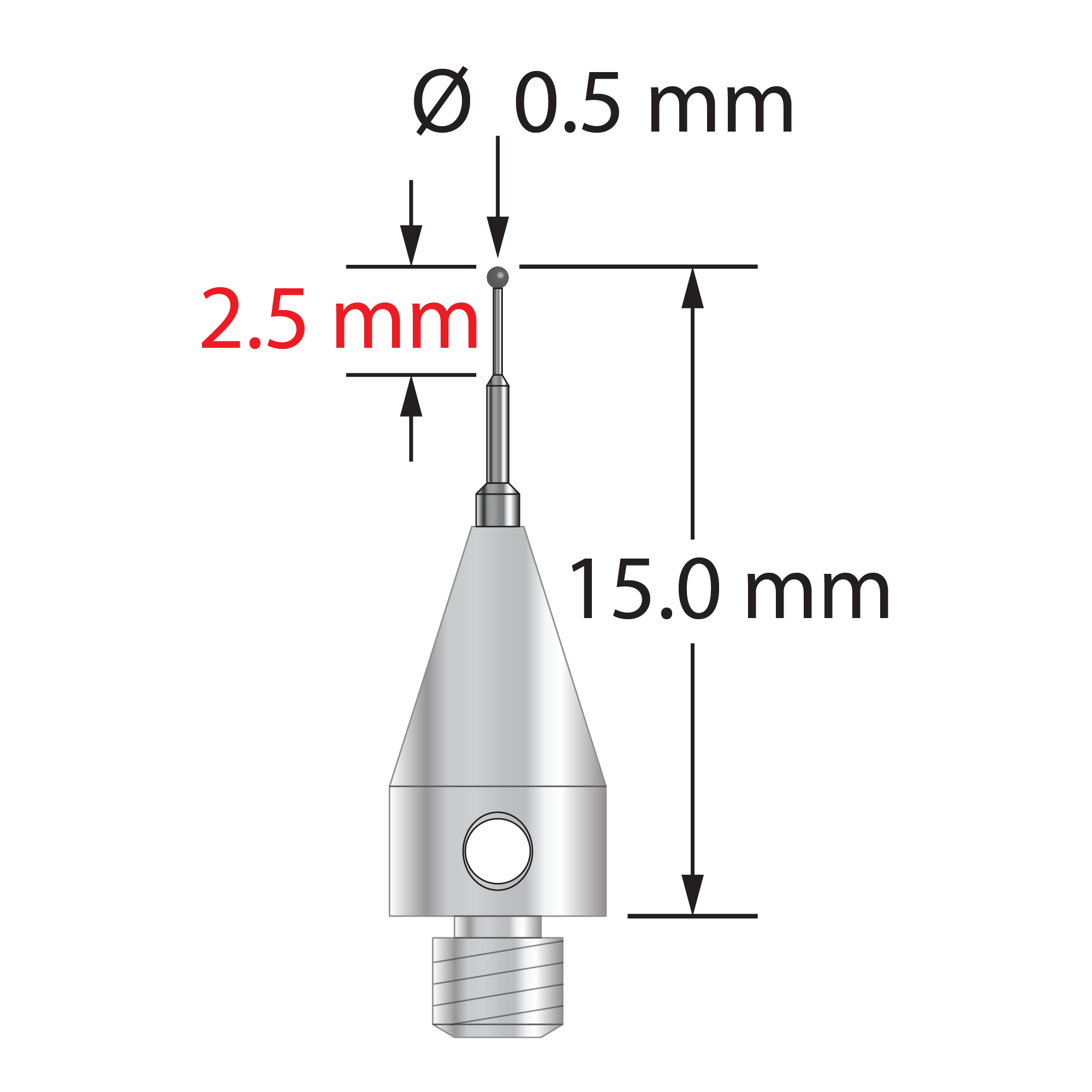 M3 XXT stylus with 0.5 mm diameter carbide ball, stepped carbide stem, and 5.0 mm diameter x 9.0 mm long titanium base. &nbsp;Minor stem diameter is 0.3 mm, intermediate diameter is 0.5 mm, major diameter is 1.0 mm. &nbsp;Overall stylus length is 15.0 mm. &nbsp;Stylus weight is 0.53 gram.