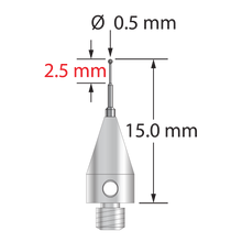 M3 XXT stylus with 0.5 mm diameter carbide ball, stepped carbide stem, and 5.0 mm diameter x 9.0 mm long titanium base. &nbsp;Minor stem diameter is 0.3 mm, intermediate diameter is 0.5 mm, major diameter is 1.0 mm. &nbsp;Overall stylus length is 15.0 mm. &nbsp;Stylus weight is 0.53 gram.