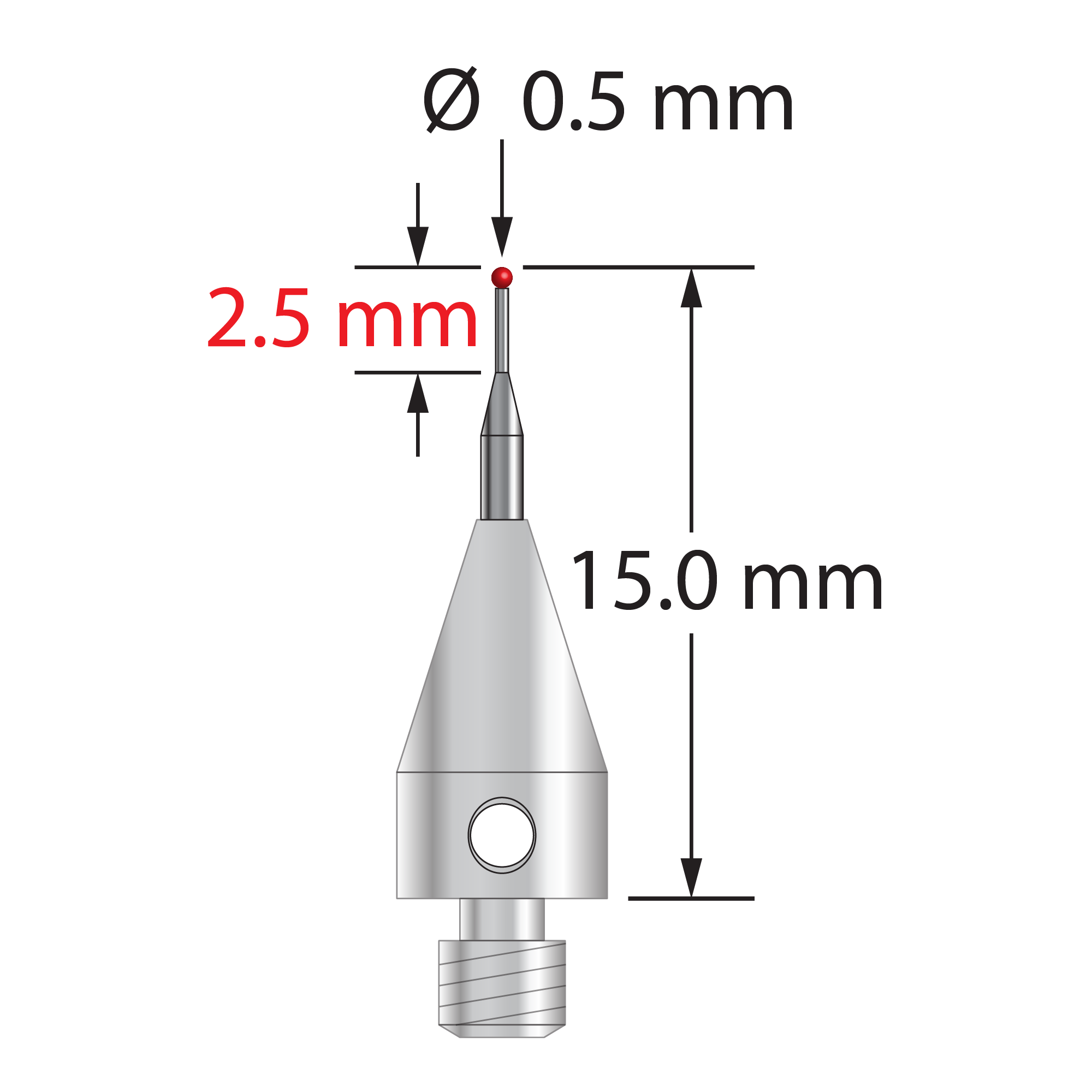 M3 XXT stylus with 0.5 mm diameter ruby ball, tapered carbide stem, and 5.0 mm diameter x 9.0 mm long titanium base. Minor stem diameter is 0.3 mm; major diameter is 1.0 mm. Overall stylus length is 15.0 mm. Stylus weight is 0.53 gram. Compare to Zeiss 626113-0050-015.