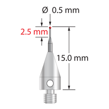 M3 XXT stylus with 0.5 mm diameter ruby ball, tapered carbide stem, and 5.0 mm diameter x 9.0 mm long titanium base. Minor stem diameter is 0.3 mm; major diameter is 1.0 mm. Overall stylus length is 15.0 mm. Stylus weight is 0.53 gram. Compare to Zeiss 626113-0050-015.