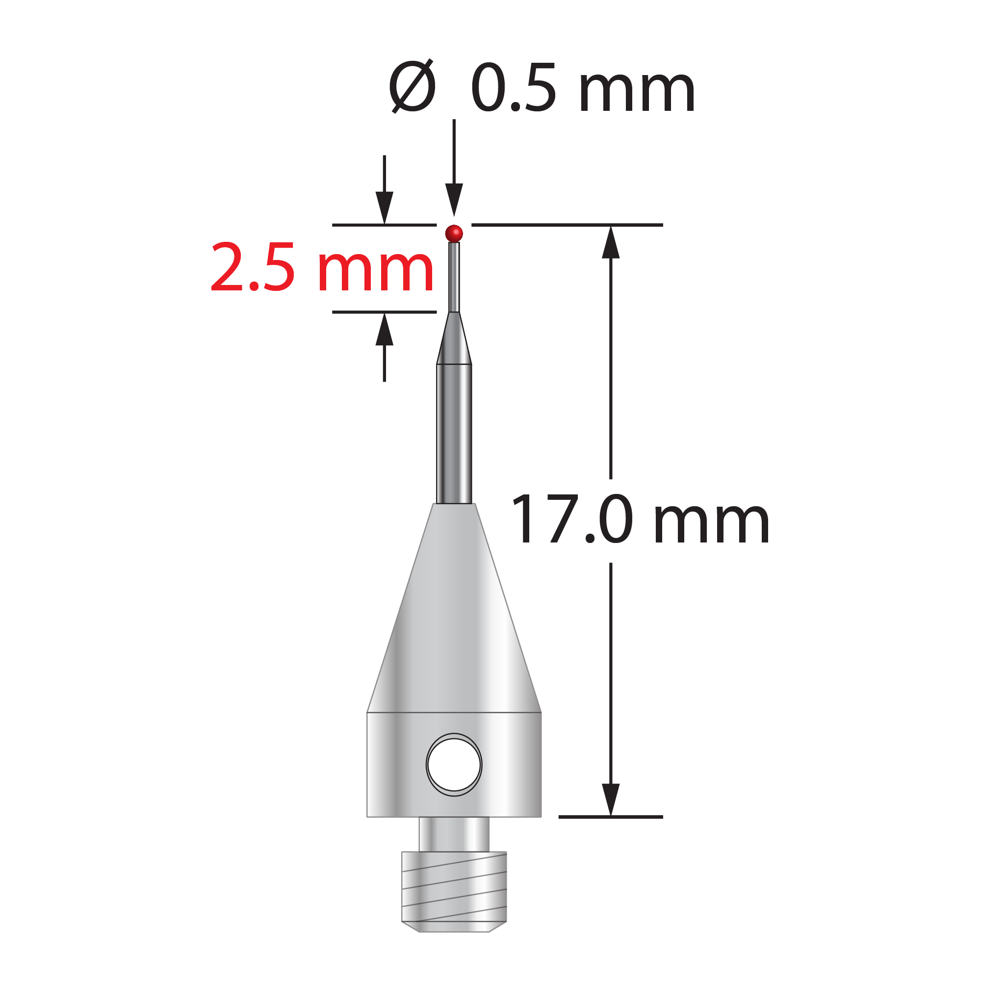 M3 XXT stylus with 0.5 mm diameter ruby ball, tapered carbide stem, and 5.0 mm diameter x 9.0 mm long titanium base. Minor stem diameter is 0.3 mm; major diameter is 1.0 mm. Overall stylus length is 17.0 mm. Overall stylus length is 17.0 mm. Stylus weight is 0.53 gram. Compare to Zeiss 626103-5444-017.