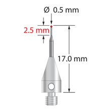 M3 XXT stylus with 0.5 mm diameter ruby ball, tapered carbide stem, and 5.0 mm diameter x 9.0 mm long titanium base. Minor stem diameter is 0.3 mm; major diameter is 1.0 mm. Overall stylus length is 17.0 mm. Overall stylus length is 17.0 mm. Stylus weight is 0.53 gram. Compare to Zeiss 626103-5444-017.