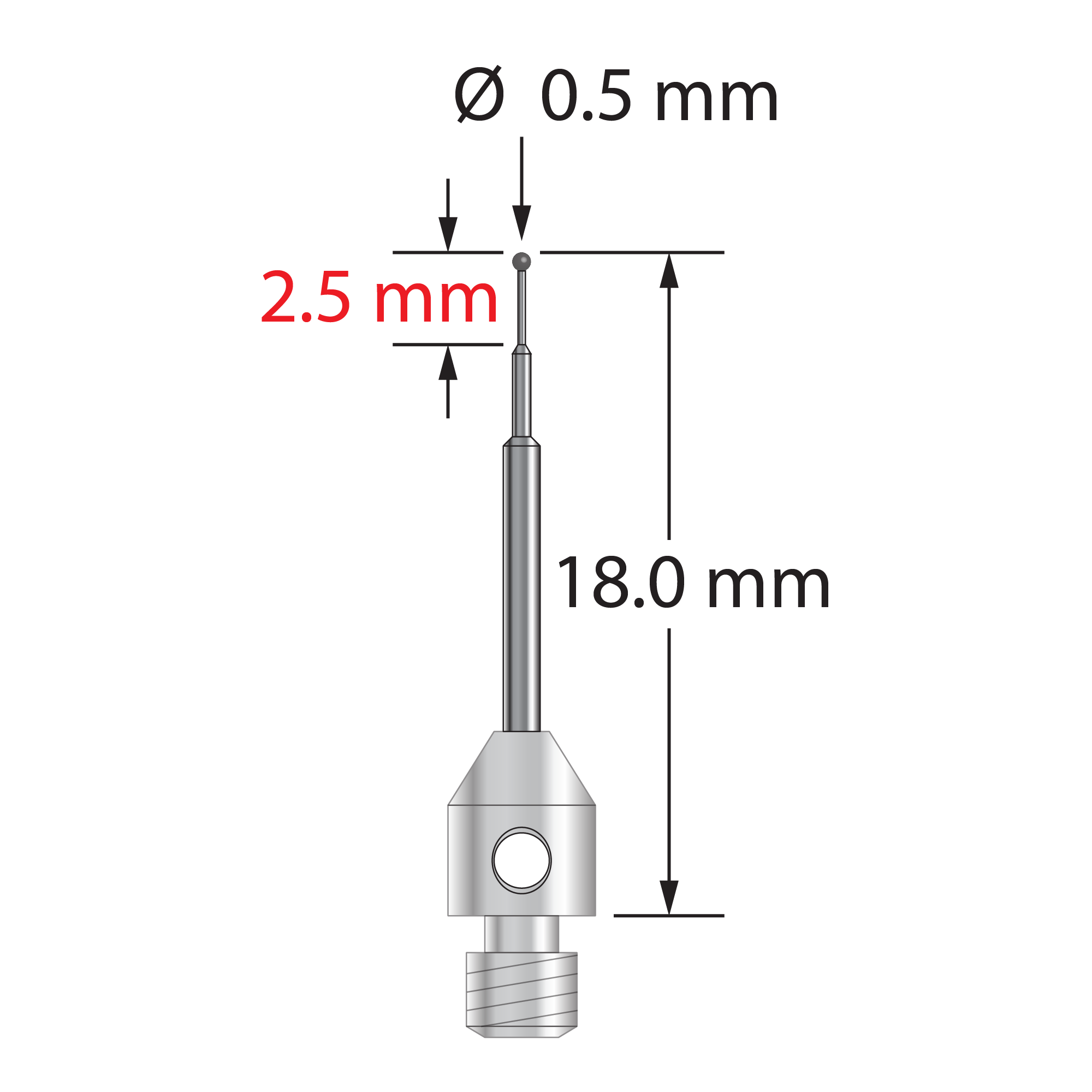 M3 stylus with 0.5 mm diameter carbide ball, stepped carbide stem, and 4.0 mm diameter x 5.0 mm long stainless steel base. Minor stem diameter is 0.3 mm, intermediate diameter is 0.6 mm, major diameter is 1.0 mm. Overall stylus length is 18.0 mm. Stylus weight is 0.63 gram.