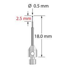 M3 stylus with 0.5 mm diameter carbide ball, stepped carbide stem, and 4.0 mm diameter x 5.0 mm long stainless steel base. Minor stem diameter is 0.3 mm, intermediate diameter is 0.6 mm, major diameter is 1.0 mm. Overall stylus length is 18.0 mm. Stylus weight is 0.63 gram.
