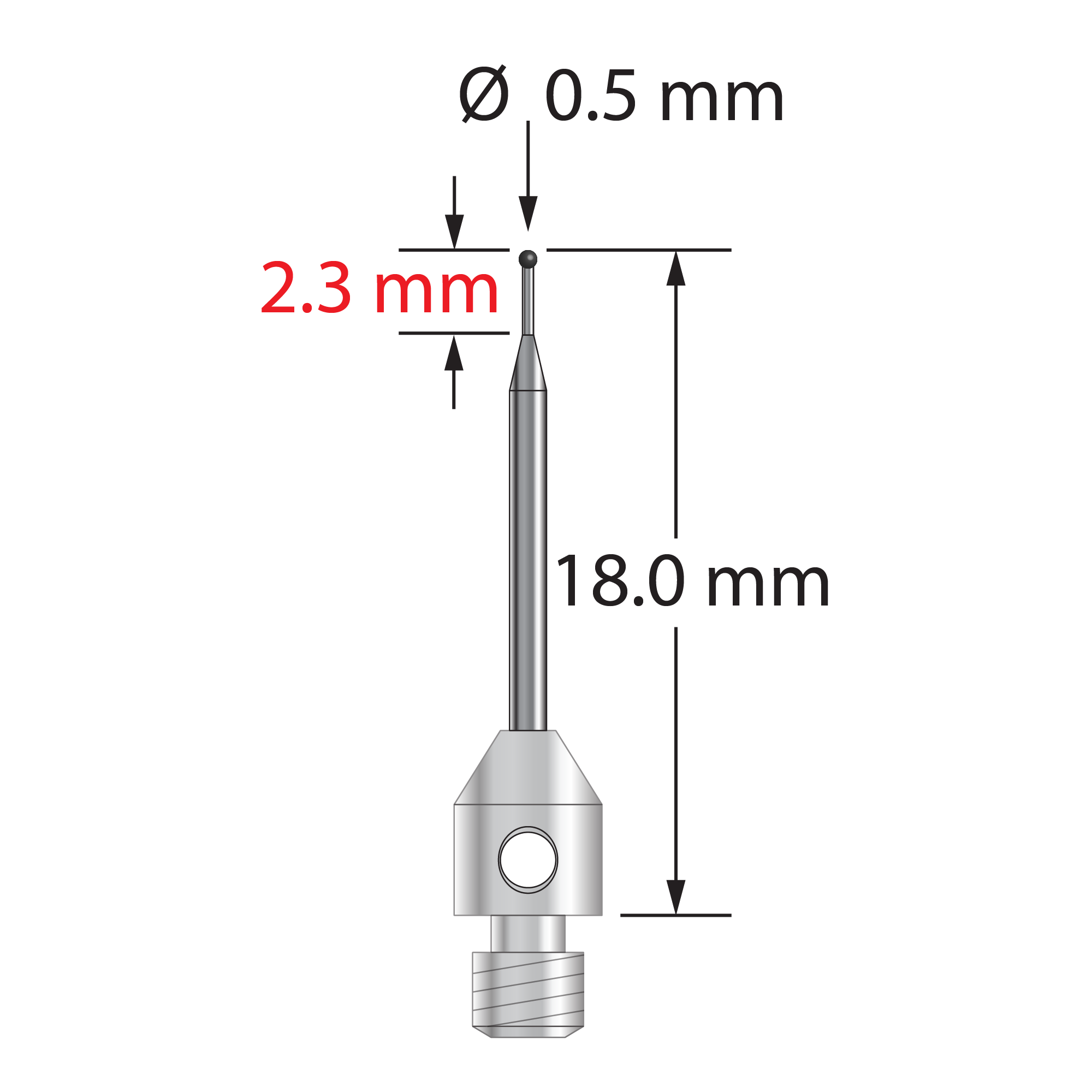 M3 stylus with 0.5 mm diameter silicon nitride ball, tapered carbide stem, and 4.0 mm diameter x 5.0 mm long stainless steel base. Minor stem diameter is 0.3 mm; major diameter is 1.0 mm. Overall stylus length is 18.0 mm. Stylus weight is 0.54 gram.