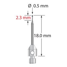 M3 stylus with 0.5 mm diameter silicon nitride ball, tapered carbide stem, and 4.0 mm diameter x 5.0 mm long stainless steel base. Minor stem diameter is 0.3 mm; major diameter is 1.0 mm. Overall stylus length is 18.0 mm. Stylus weight is 0.54 gram.
