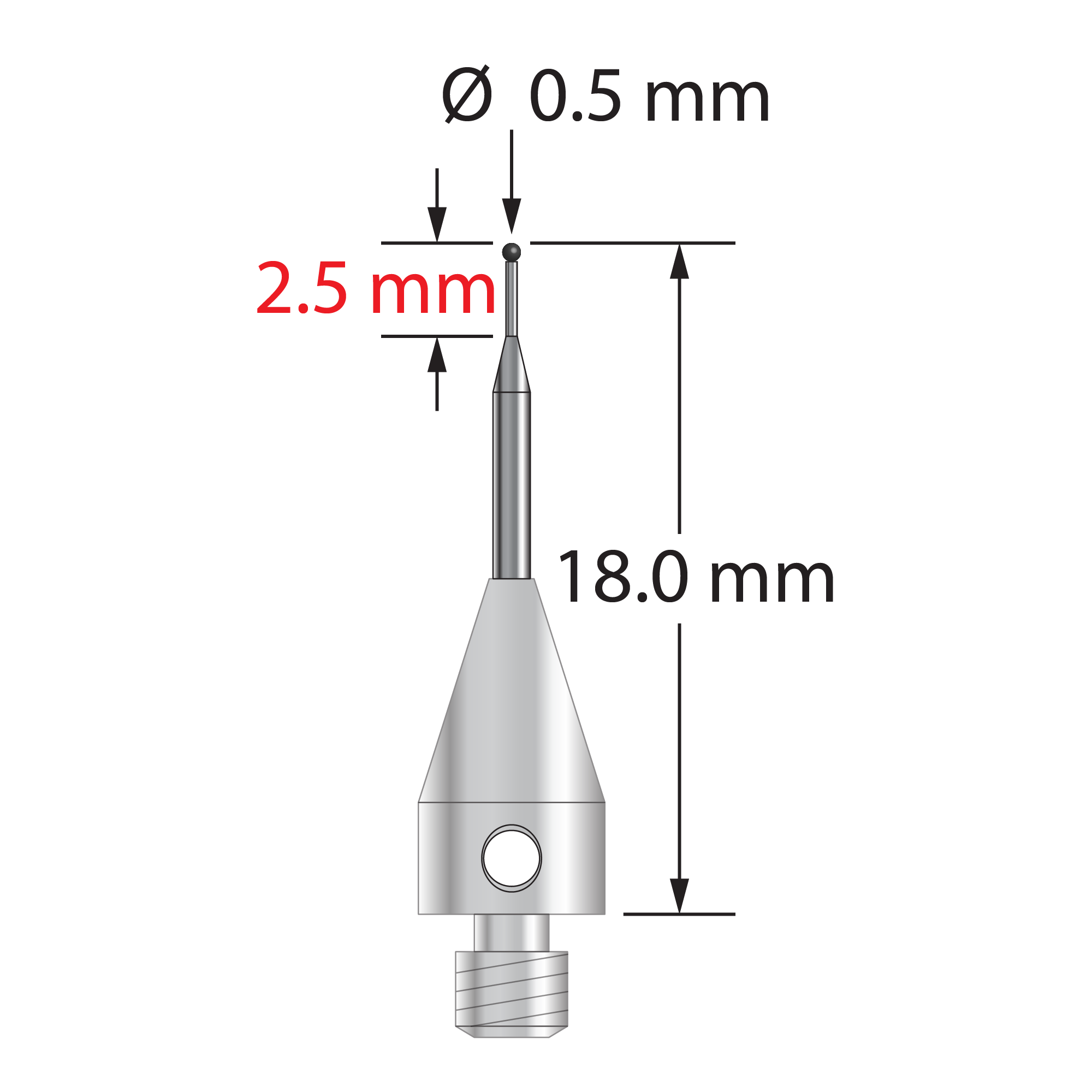 M3 XXT stylus with 0.5 mm diameter silicon nitride ball, tapered carbide stem, and 5.0 mm diameter x 9.0 mm long titanium base. Minor stem diameter is 0.3 mm; major diameter is 1.0 mm. Overall stylus length is 18.0 mm. Stylus weight is 0.53 gram.