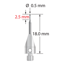 M3 XXT stylus with 0.5 mm diameter silicon nitride ball, tapered carbide stem, and 5.0 mm diameter x 9.0 mm long titanium base. Minor stem diameter is 0.3 mm; major diameter is 1.0 mm. Overall stylus length is 18.0 mm. Stylus weight is 0.53 gram.