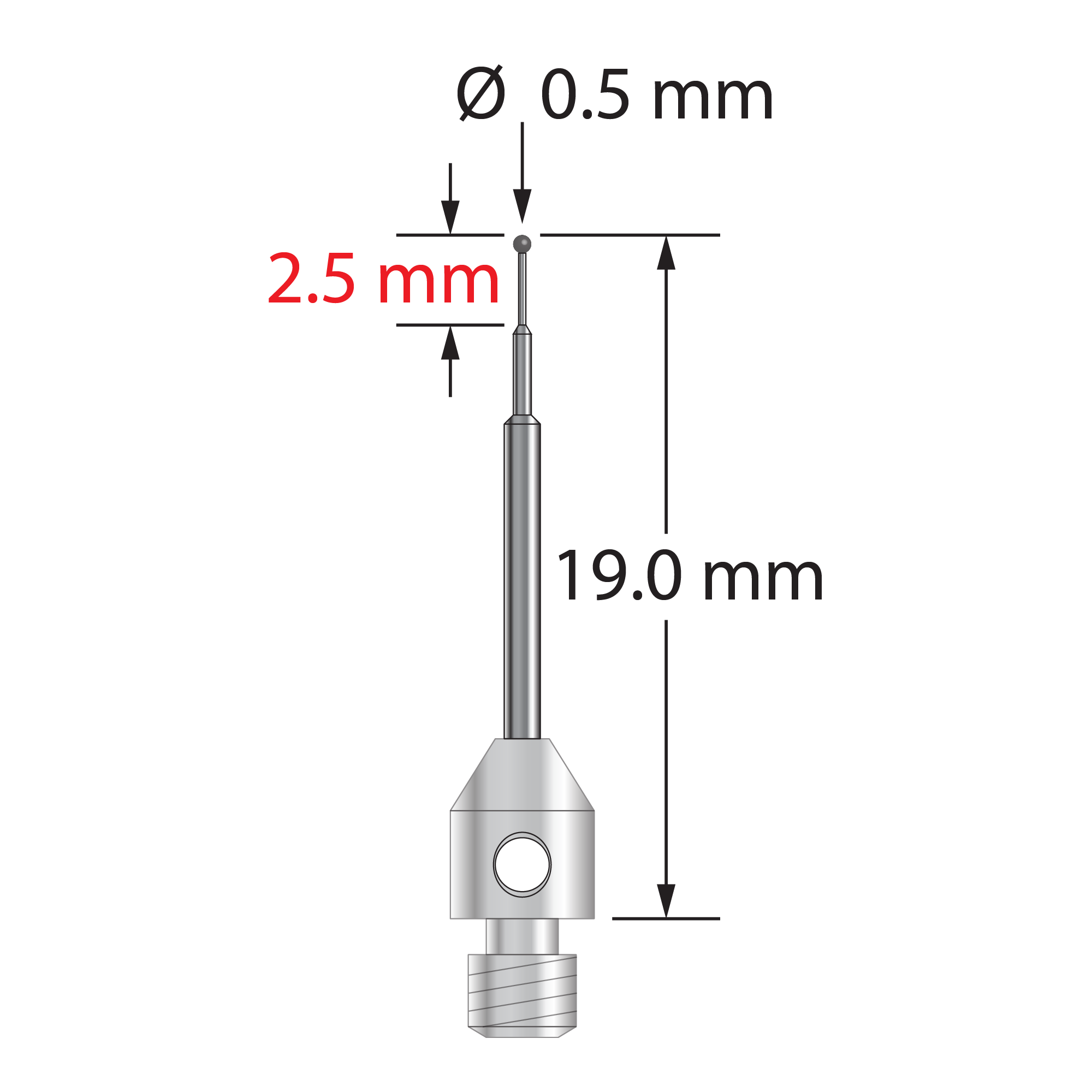 M3 stylus with 0.5 mm diameter carbide ball, stepped carbide stem, and 4.0 mm diameter x 5.0 mm long stainless steel base. Minor stem diameter is 0.3 mm, intermediate diameter is 0.6 mm, major diameter is 1.0 mm. Overall stylus length is 19.0 mm. Stylus weight is 0.64 gram.