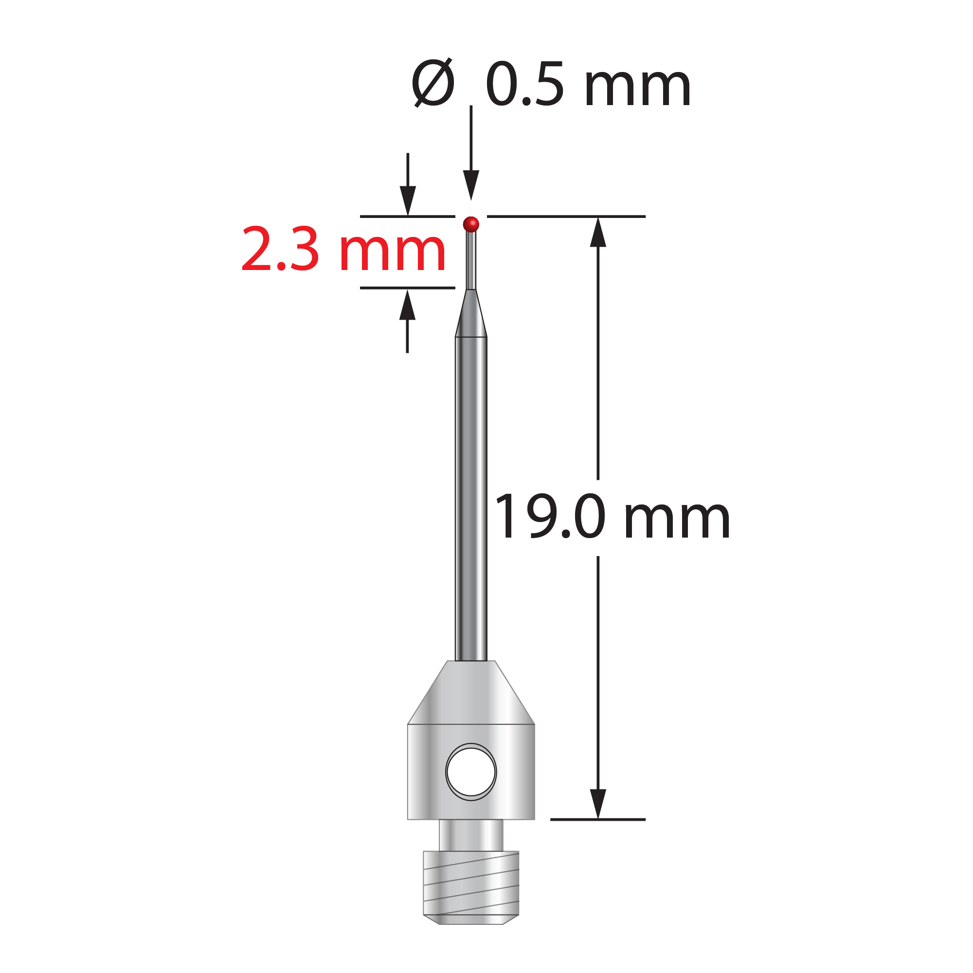 M3 stylus with 0.5 mm diameter ruby ball, tapered carbide stem, and 4.0 mm diameter x 5.0 mm long stainless steel base. Minor stem diameter is 0.3 mm; major diameter is 1.0 mm. Overall stylus length is 19.0 mm. Stylus weight is 0.55 gram.