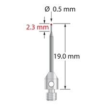 M3 stylus with 0.5 mm diameter ruby ball, tapered carbide stem, and 4.0 mm diameter x 5.0 mm long stainless steel base. Minor stem diameter is 0.3 mm; major diameter is 1.0 mm. Overall stylus length is 19.0 mm. Stylus weight is 0.55 gram.