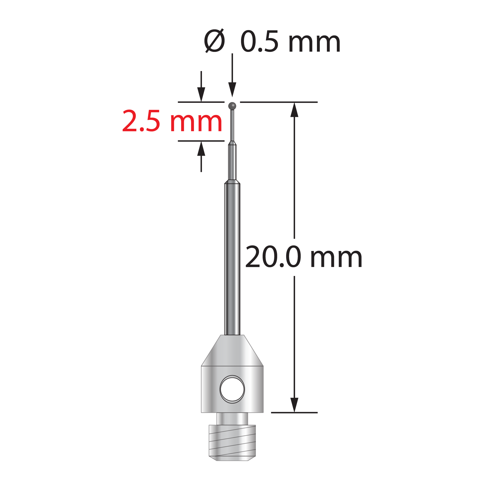 M3 stylus with 0.5 mm diameter carbide ball, stepped carbide stem, and 4.0 mm diameter x 5.0 mm long stainless steel base. Minor stem diameter is 0.3 mm, intermediate diameter is 0.6 mm, major diameter is 1.0 mm. Overall stylus length is 20.0 mm. Stylus weight is 0.65 gram.