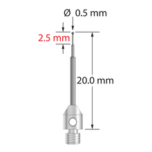 M3 stylus with 0.5 mm diameter carbide ball, stepped carbide stem, and 4.0 mm diameter x 5.0 mm long stainless steel base. Minor stem diameter is 0.3 mm, intermediate diameter is 0.6 mm, major diameter is 1.0 mm. Overall stylus length is 20.0 mm. Stylus weight is 0.65 gram.