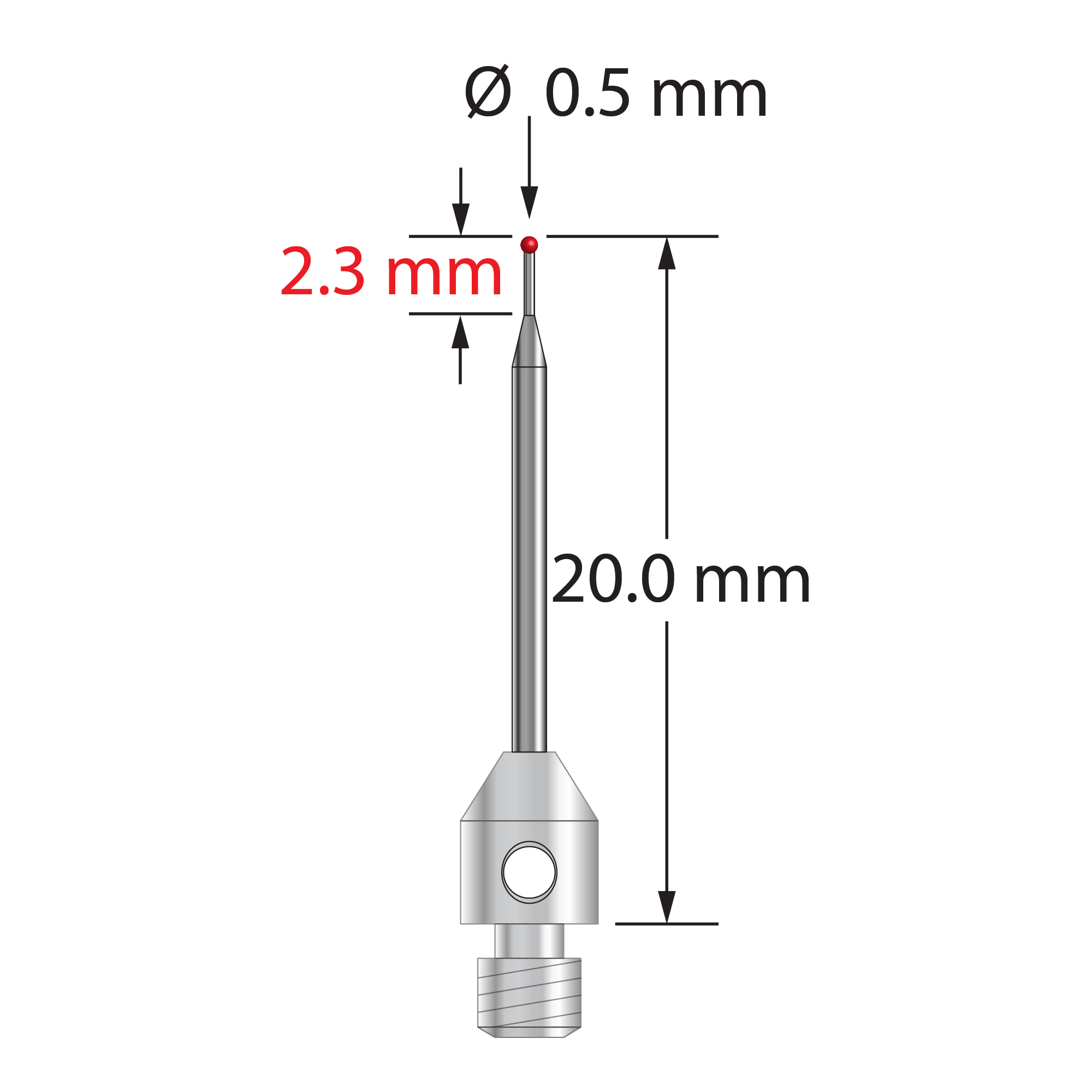 M3 stylus with 0.5 mm diameter ruby ball, tapered carbide stem, and 4.0 mm diameter by 6.0 mm long stainless steel base. Minor stem diameter is 0.3 mm; major diameter is 1.0 mm. Overall stylus length is 20.0 mm. Weight is 0.67 gram. Compare to Zeiss 626123-5444-020.