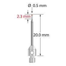 M3 stylus with 0.5 mm diameter ruby ball, tapered carbide stem, and 4.0 mm diameter by 6.0 mm long stainless steel base. Minor stem diameter is 0.3 mm; major diameter is 1.0 mm. Overall stylus length is 20.0 mm. Weight is 0.67 gram. Compare to Zeiss 626123-5444-020.