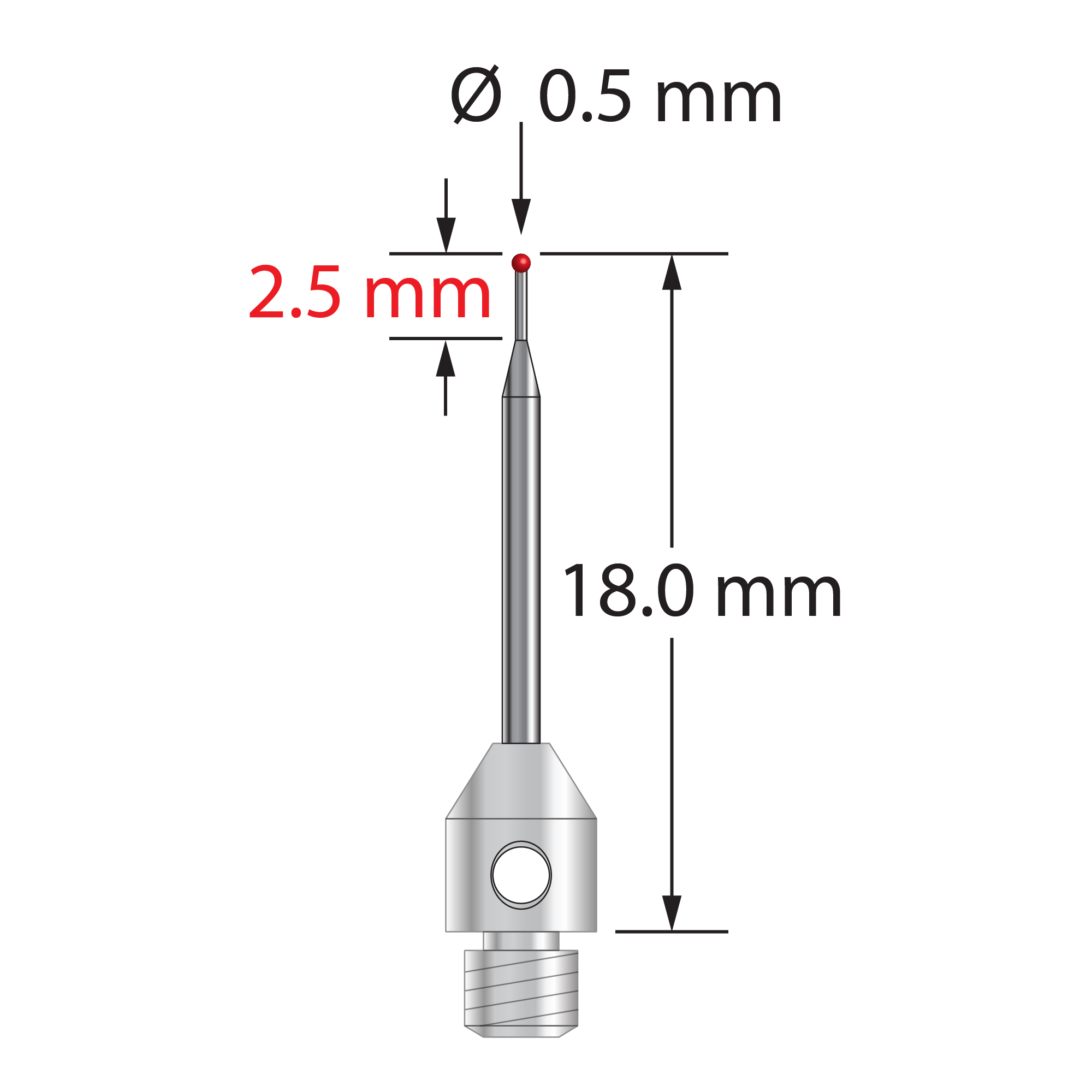 M3 stylus with 0.5 mm diameter ruby ball, tapered carbide stem, and 4.0 mm diameter x 5.0 mm long stainless steel base. Minor stem diameter is 0.3 mm; major diameter is 1.0 mm. Overall stylus length is 18.0 mm. Stylus weight is 0.54 gram.