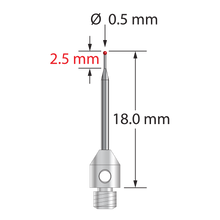 M3 stylus with 0.5 mm diameter ruby ball, tapered carbide stem, and 4.0 mm diameter x 5.0 mm long stainless steel base. Minor stem diameter is 0.3 mm; major diameter is 1.0 mm. Overall stylus length is 18.0 mm. Stylus weight is 0.54 gram.
