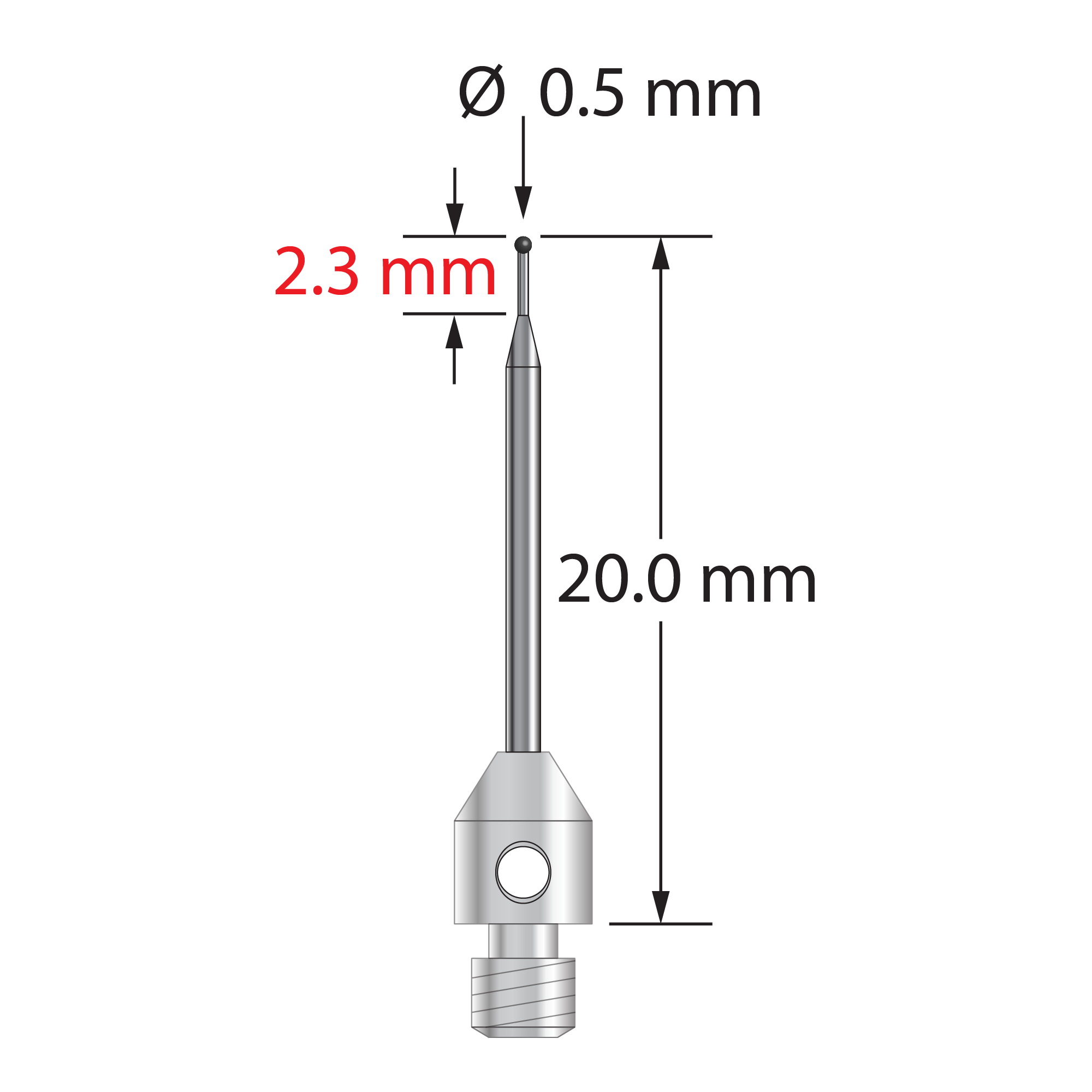 M3 stylus with 0.5 mm diameter silicon nitride ball, stepped carbide stem, and 4.0 mm diameter x 5.0 mm long stainless steel base. Minor stem diameter is 0.3 mm, intermediate diameter is 0.6 mm, and major diameter is 0.3 mm. Overall stylus length is 20.0 mm. Stylus weight is 0.65 gram.