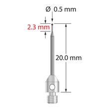 M3 stylus with 0.5 mm diameter silicon nitride ball, stepped carbide stem, and 4.0 mm diameter x 5.0 mm long stainless steel base. Minor stem diameter is 0.3 mm, intermediate diameter is 0.6 mm, and major diameter is 0.3 mm. Overall stylus length is 20.0 mm. Stylus weight is 0.65 gram.