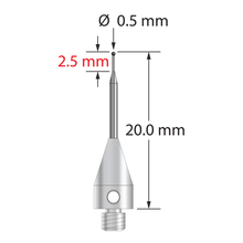 M3 XXT stylus with 0.5 mm diameter silicon nitride ball, tapered carbide stem, and 5.0 mm diameter x 9.0 mm long titanium base. Minor stem diameter is 0.3 mm; major diameter is 1.0 mm. Overall stylus length is 20.0 mm. Stylus weight is 0.55 gram.