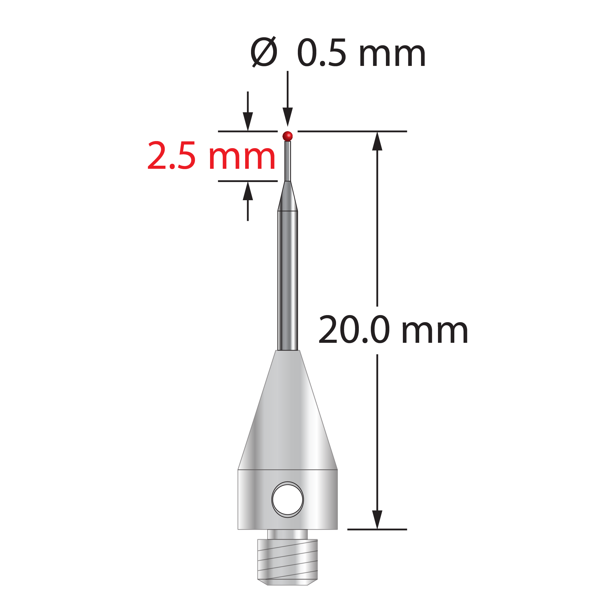 M3 XXT stylus with 0.5 mm diameter ruby ball, tapered carbide stem, and 5.0 mm diameter x 9.0 mm long titanium base. Minor stem diameter is 0.3 mm; major diameter is 1.0 mm. Overall stylus length is 20.0 mm. Stylus weight is 0.55 gram. Compare to Renishaw A-5004-2186 and Zeiss 626113-0050-020.