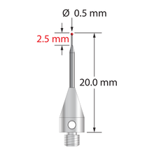 M3 XXT stylus with 0.5 mm diameter ruby ball, tapered carbide stem, and 5.0 mm diameter x 9.0 mm long titanium base. Minor stem diameter is 0.3 mm; major diameter is 1.0 mm. Overall stylus length is 20.0 mm. Stylus weight is 0.55 gram. Compare to Renishaw A-5004-2186 and Zeiss 626113-0050-020.