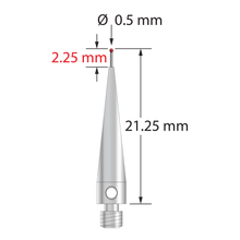 M3 stylus with 0.5 mm diameter ruby ball, 0.4 mm diameter carbide stem, and 4.0 mm diameter x 19.0 mm long stainless steel base. Overall stylus length is 21.25 mm. Stylus weight is 1.04 grams. Compare to Renishaw A-5000-7632.