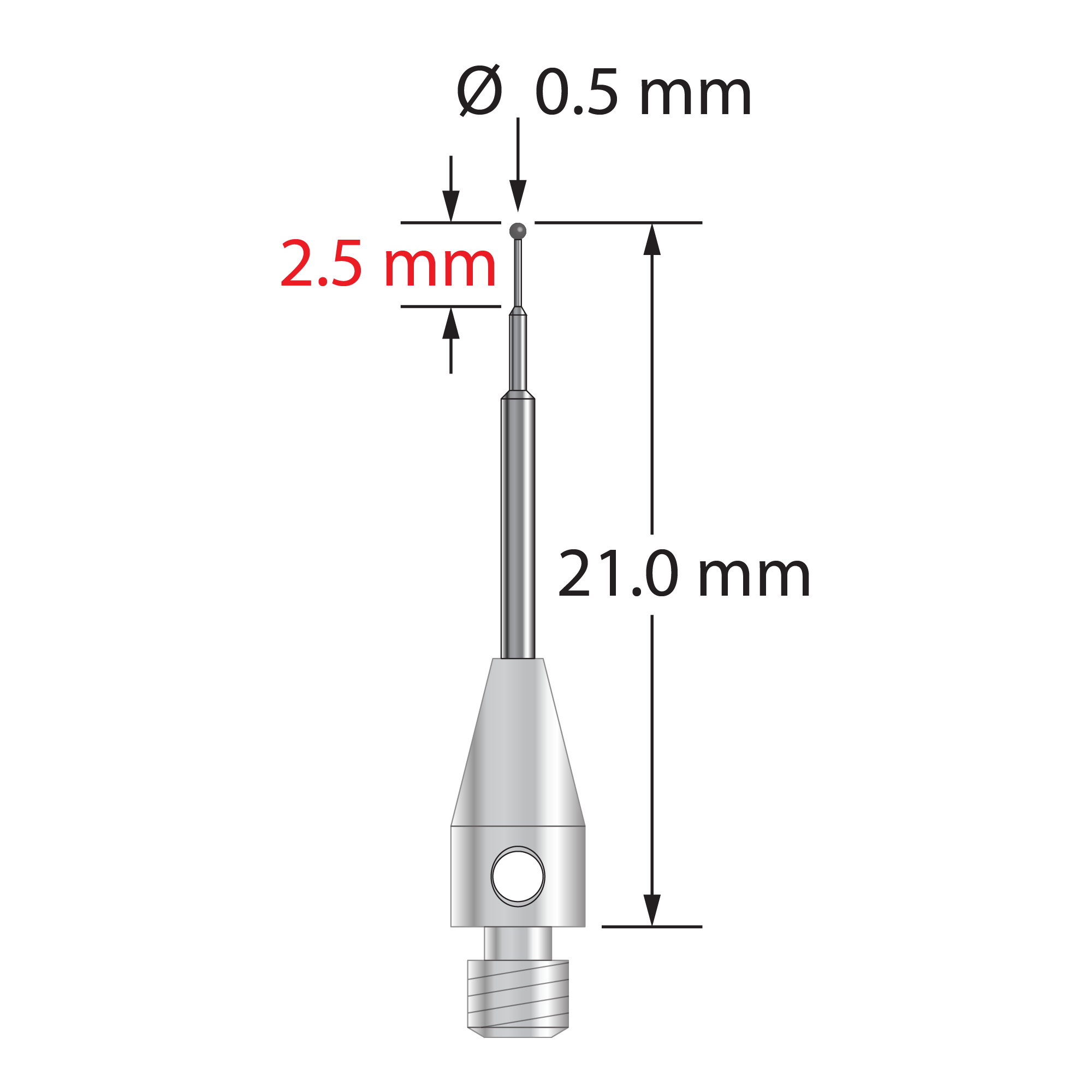 M3 stylus with 0.5 mm diameter carbide ball, stepped carbide stem, and 4.0 mm diameter x 8.0 mm long stainless steel base. &nbsp;Minor stem diameter is 0.3 mm, intermediate diameter is 0.6 mm, major diameter is 1.0 mm. Overall stylus length is 21.0 mm. Stylus weight is 0.65 gram.