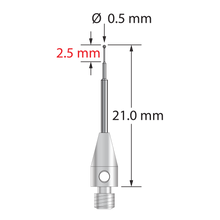 M3 stylus with 0.5 mm diameter carbide ball, stepped carbide stem, and 4.0 mm diameter x 8.0 mm long stainless steel base. &nbsp;Minor stem diameter is 0.3 mm, intermediate diameter is 0.6 mm, major diameter is 1.0 mm. Overall stylus length is 21.0 mm. Stylus weight is 0.65 gram.