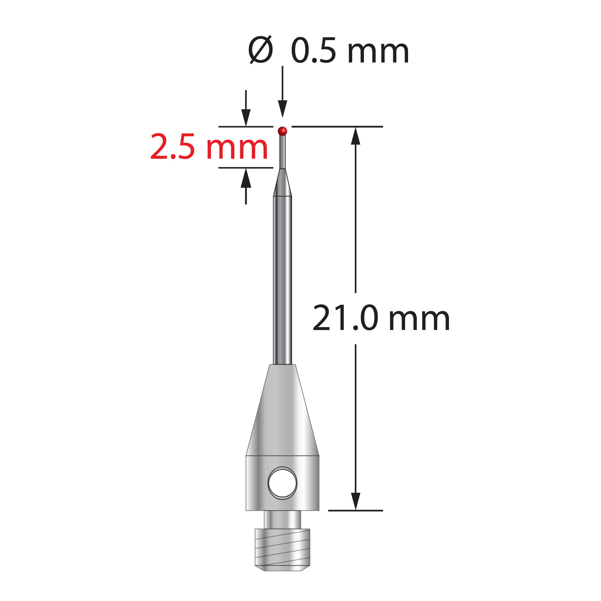 TM3-0521-R M3 stylus with 0.5mm ruby ball, tapered carbide stem, and stainless steel base, 21mm long by Q-Mark Manufacturing, Inc.