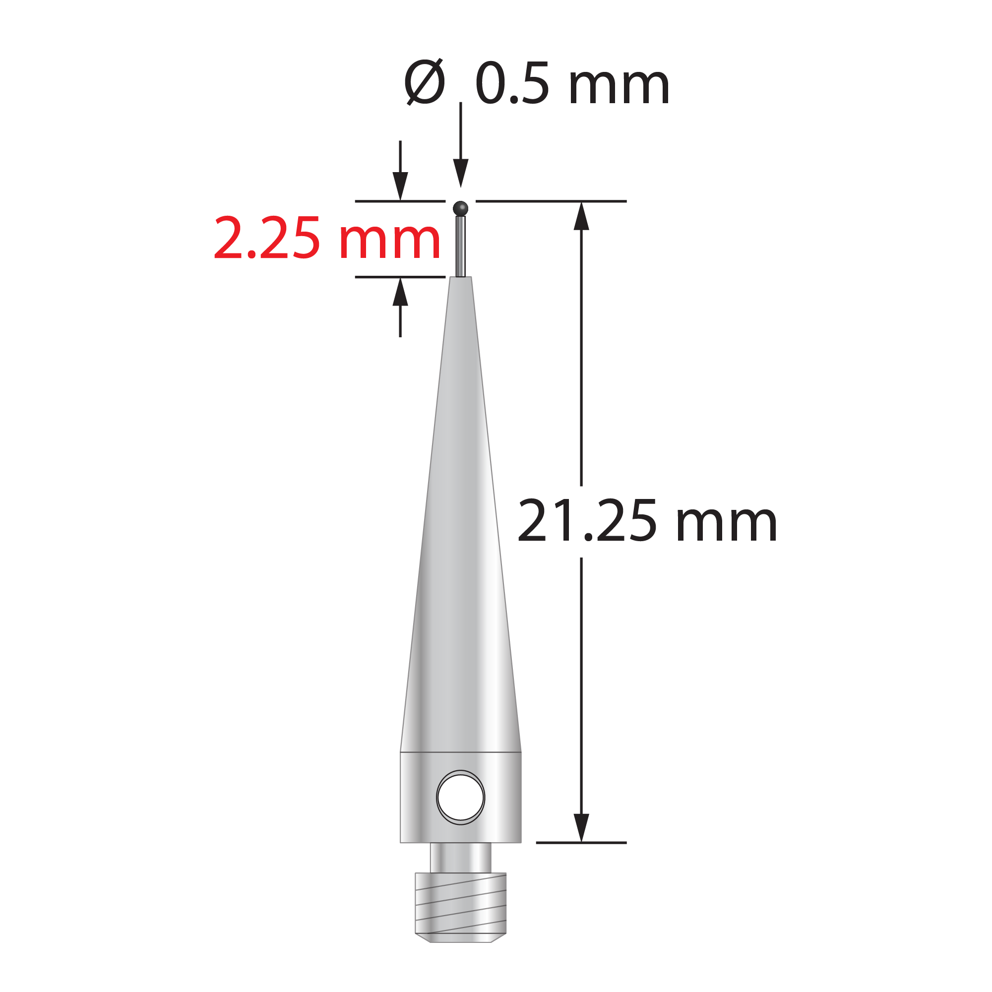 TM3-0521.25-02-SN M3 stylus with 0.5mm ruby ball, carbide stem, and stainless steel base, 21.25mm long by Q-Mark Manufacturing, Inc.