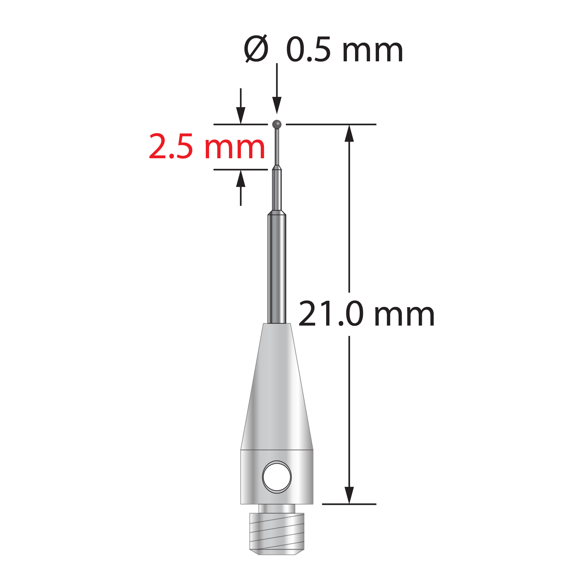M3 stylus with 0.5 mm diameter carbide ball, carbide stem, and 4.0 mm diameter x 10.0 mm long stainless steel base. Minor stem diameter is 0.3 mm, intermediate diameter is 0.6 mm, major diameter is 1.0 mm. Stylus length to ball center is 21.0 mm. Stylus weight is 0.88 gram.