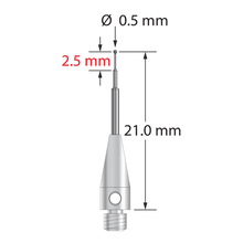 M3 stylus with 0.5 mm diameter carbide ball, carbide stem, and 4.0 mm diameter x 10.0 mm long stainless steel base. Minor stem diameter is 0.3 mm, intermediate diameter is 0.6 mm, major diameter is 1.0 mm. Stylus length to ball center is 21.0 mm. Stylus weight is 0.88 gram.
